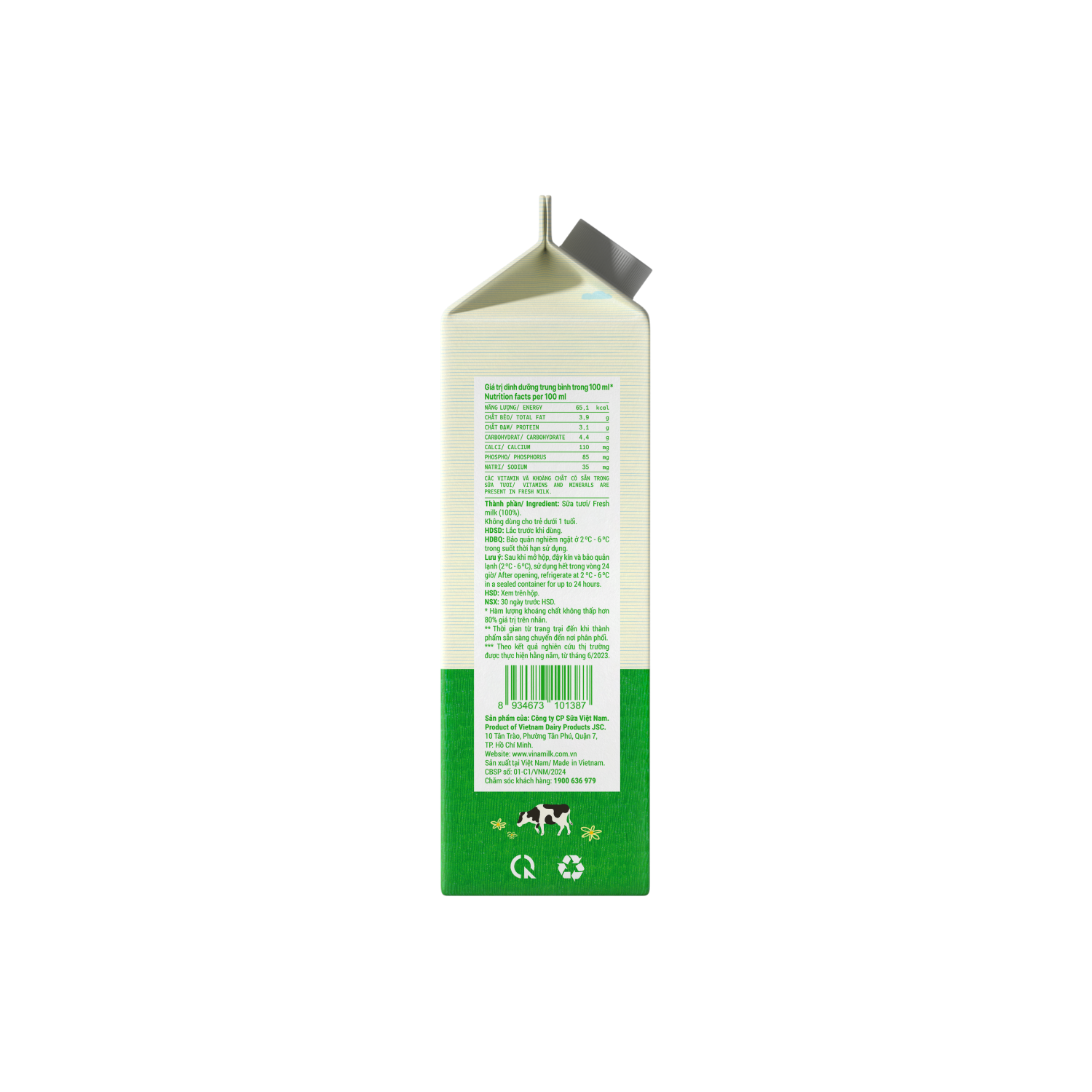 Sữa tươi thanh trùng Green Farm Không đường 900ml